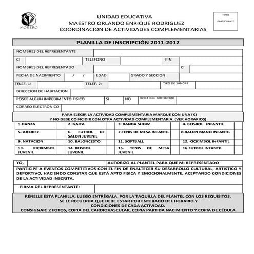 Planilla de inscripcion Actividades Complementarias