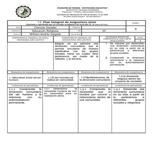 Plan integral de asignatura 2020 grado octavo
