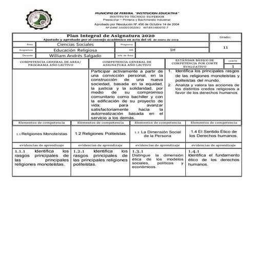 Plan integral de asignatura 2019 grado once