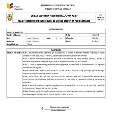 Plan micro-curricular por destrezas   de noveno grado de Lengua y Literatura