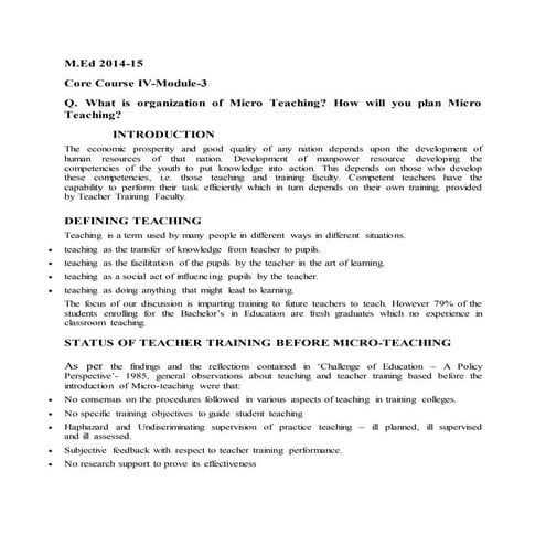M.Ed Teacher Education's Topic-Planning and organisation of mirco teaching