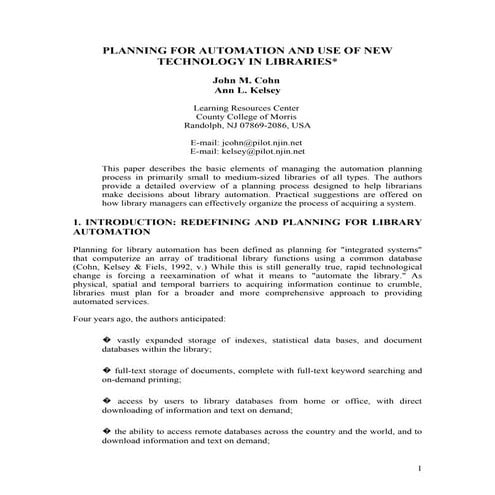 Planning For Automation And Use Of New Technology In Libraries