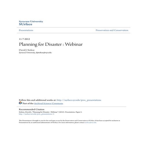 Disaster planning and response for archives and libraries