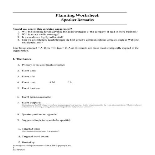Planning Worksheet for Speeches