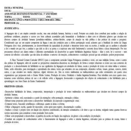 Planejamento de Língua Portuguesa 1 ano ensino medio | PDF