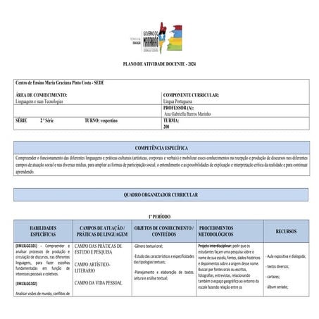 Planejamento de Língua Portuguesa 1 ano ensino medio | PDF
