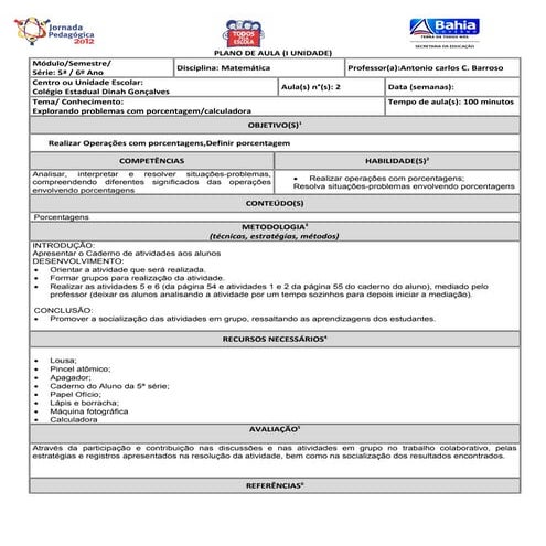 Plano de 2ª aula 5ªsérie6º ano gestar 2012