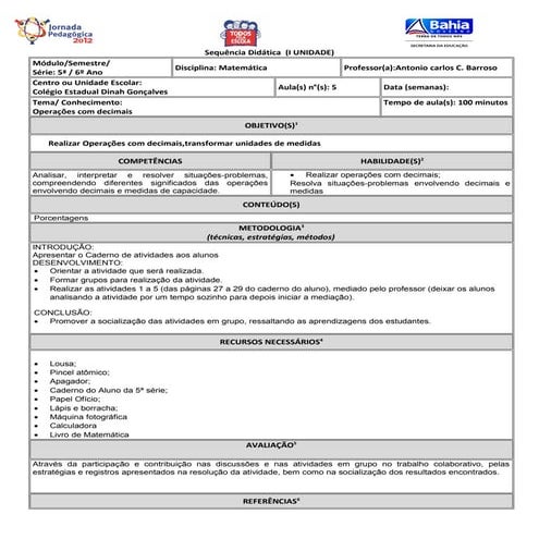 Plano de 5ªaula 5ªserie 6º ano gestar 2012   cópia