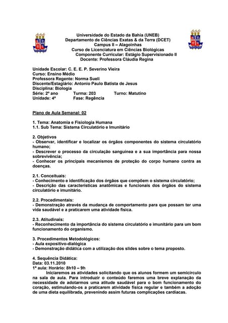 Plano de aula 02 sistema circulatório