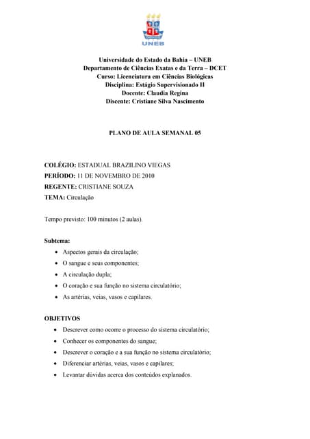 Plano de aula 5 sistema circulatório