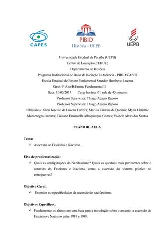 PLANO DE AULA – ASCENSÃO DO NAZIFASCISMO.