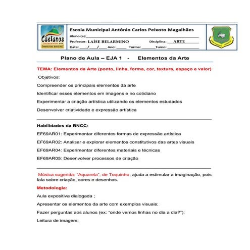 Plano de Aula Completo sobre Elementos da Arte para EJA 1 | DOCX