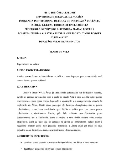 Plano de Aula - Partilha da África 