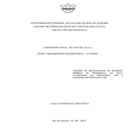 Plano de Aula Progressão Geométrica - 1a. Parte.