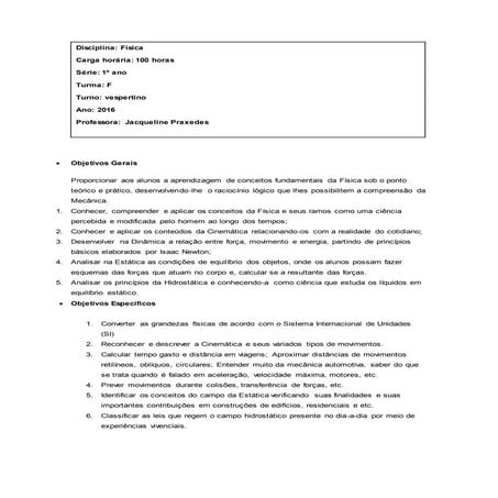 Plano anual de Fisica ensino medio 1° ano | DOCX