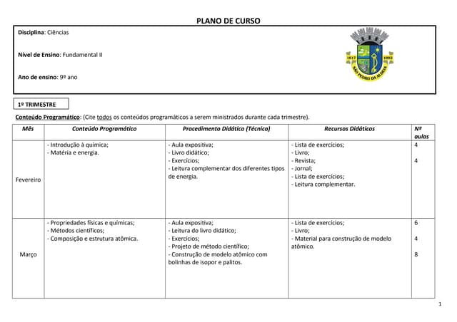 Plano de curso   ciências - 9ºano