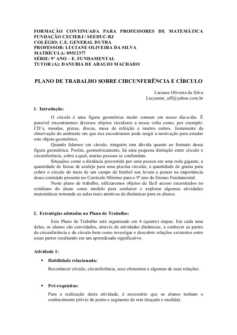 Plano De Aula Circulo E Circunferencia Para O 5o Ano