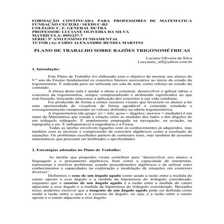 Plano de trabalho – Razões trigonométricas