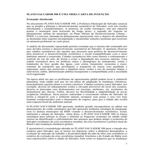 Plano salvador 500 é uma mera carta de intenção