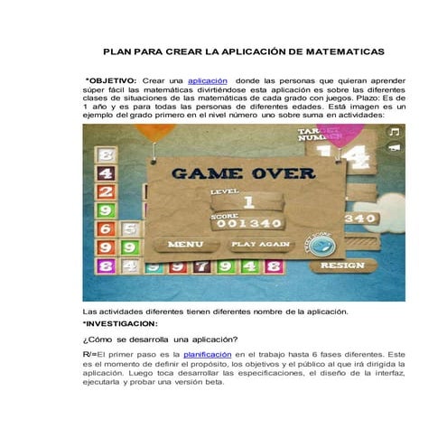 Plan para crear la aplicación de matematicas