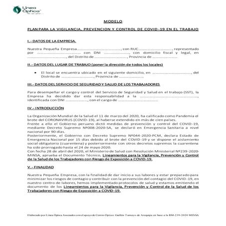MODELO PLAN PARA LA VIGILANCIA, PREVENCION Y CONTROL DE COVID-19 EN EL ...
