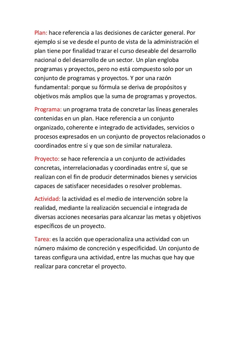 Plan, programa, proyecto, actividad y tarea