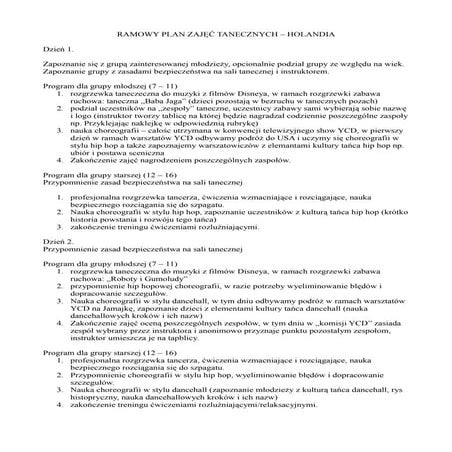 Plan ramowy zajęć tanecznych holandia | ODT