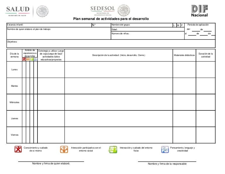 Formato; Plan semanal de actividades para el desarrollo (sedesol)
