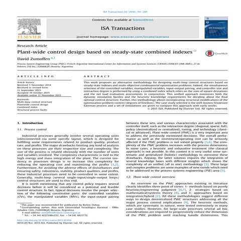 Plant wide control design based on steady-state combined indexes