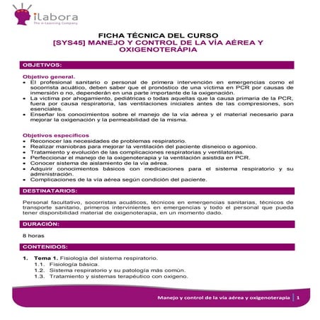 Curso presencial manejo y control de la vía aérea y oxigenoterapia