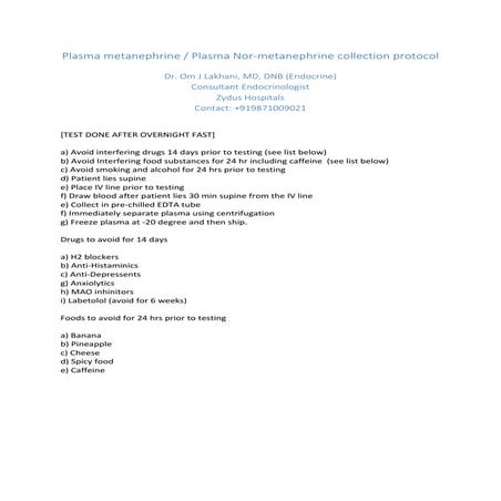 Plasma metanephrine and normetanephrine sample collection protocol