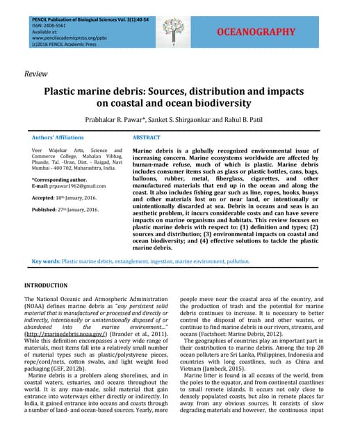 Plastic marine debris sources, distribution and impacts on coastal and ocean ...