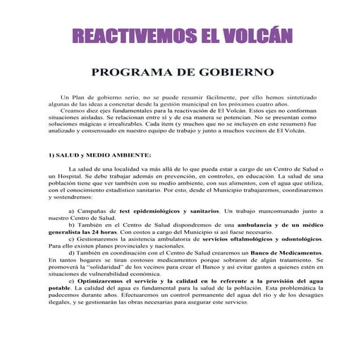 Programa de Gobierno de Reactivemos El Volcán