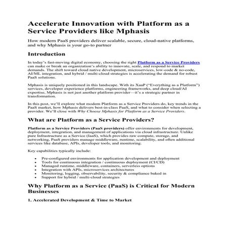 Accelerate Innovation with Platform as a Service Providers like Mphasis
