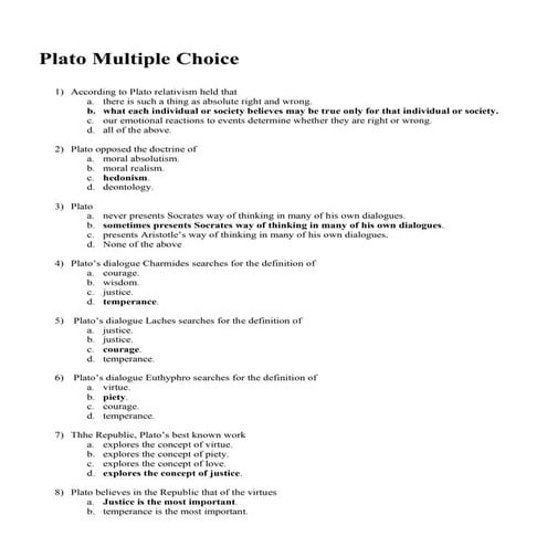 Plato multiple choice questions
