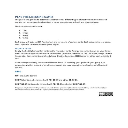 Play the licensing game instructions