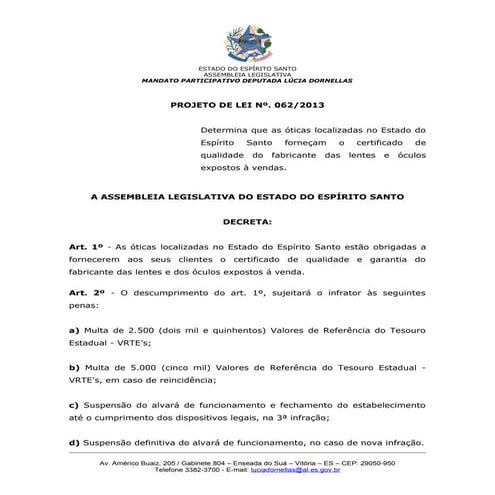 Pl nº. 062 2013 - Certificado de qualidade do fabricante das lentes e óculos