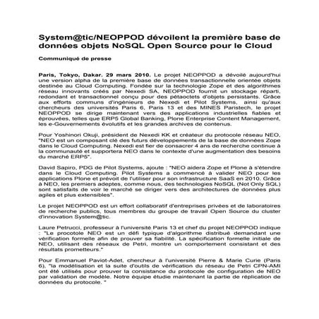 Systematic/NEOPPOD dévoilent la première base de données objets NoSQL Open So...
