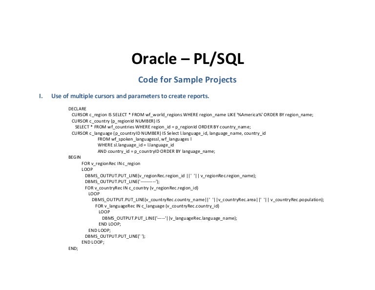 pl sql code for sample projects