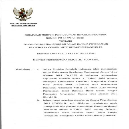 Peraturan Mentri Perhubungan Nomor 18 Tahun 2020