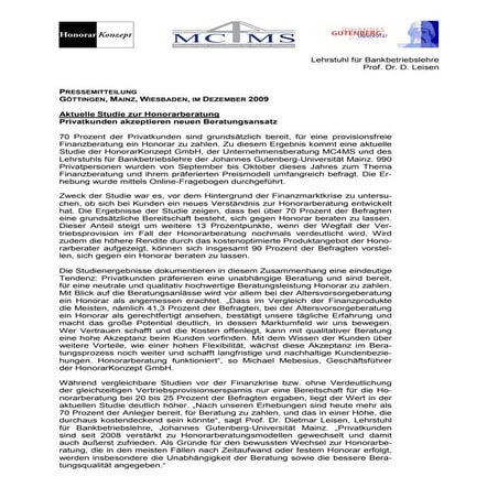 Studie Honorarberatung der Unternehmensberatung MC4MS und des Lehrstuhls für ...