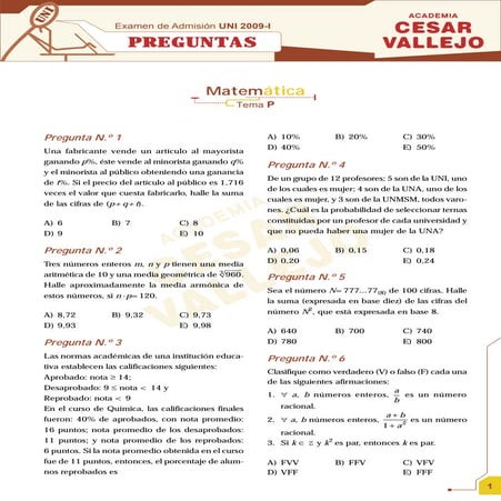 EXAMEN DE ADMISION UNI MATEMATICA 2009 I