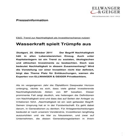 E&G: Trend zur Nachhaltigkeit als Investitionschance nutzen 