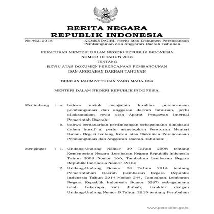 P mendagri 10 2018 reviu dokumen perencanaan pembangunan &amp; anggaran daera...