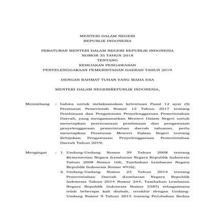 P mendagri 35 2018 kebijakan pengawasan penyelenggaraan pemda 2019