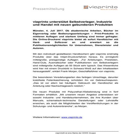 Pressemitteilung: viaprinto unterstützt Selbstverleger, Industrie und Handel mit neuen gebundenen Produkten