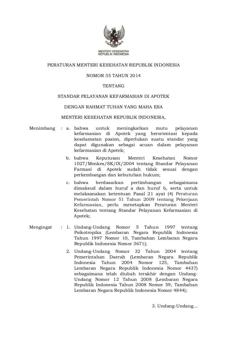 Pmk No 35 Ttg Standar Pelayanan Kefarmasian Di Apotek