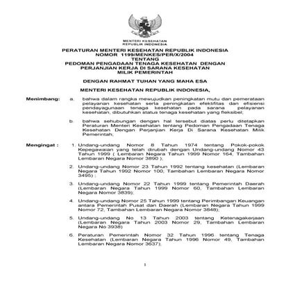 Pmk no. 1199 ttg pedoman pengadaan tenaga kesehatan dengan perjanjian kerja