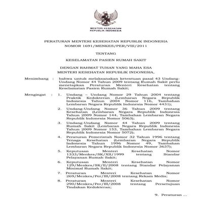 PerMenKes No. 1691 tentang Keselamatan Pasien Rumah Sakit