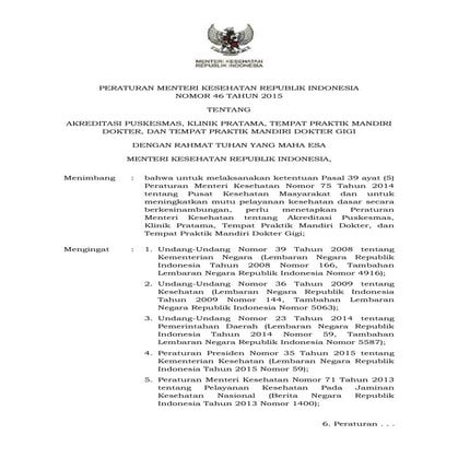Permenkes no. 46 tahun 2015 tentang Akreditasi Puskesmas, Klinik  pratama, te...